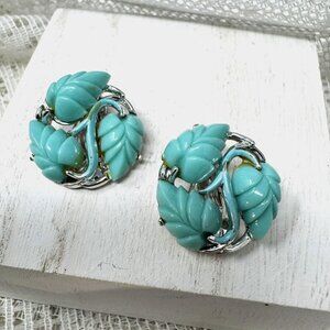 Vintage Leaf Clip-On Earrings Turquoise & Silver-Tone Jewelry